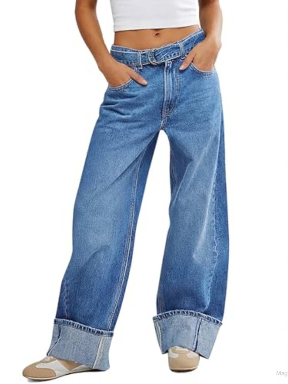 Wide Leg Cuffed Jeans High Waisted Baggy Denim Pants